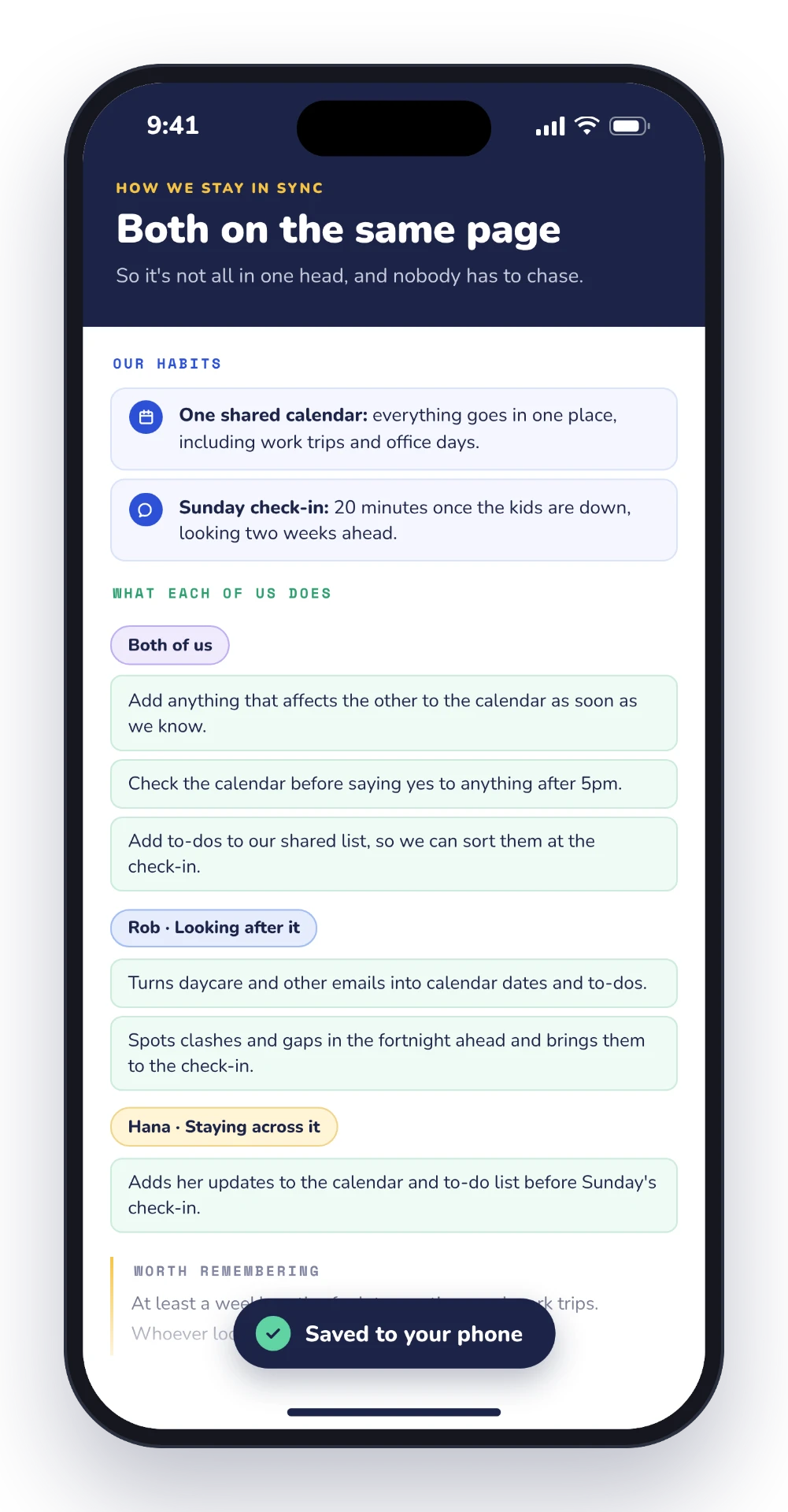 The Stay in sync card on a phone, showing shared habits and who does what